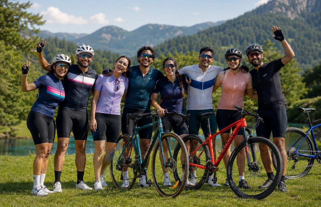 Happy group of cyclists posing with their bikes in the mountains