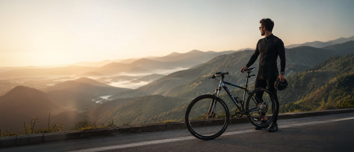 Rider standing beside his mountain bike on a hilltop road at sunrise