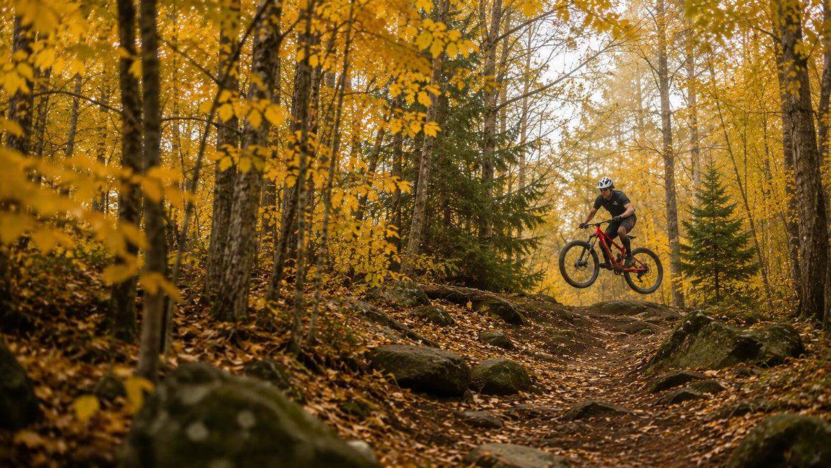 Mountain biker riding a forest trail covered in autumn leaves