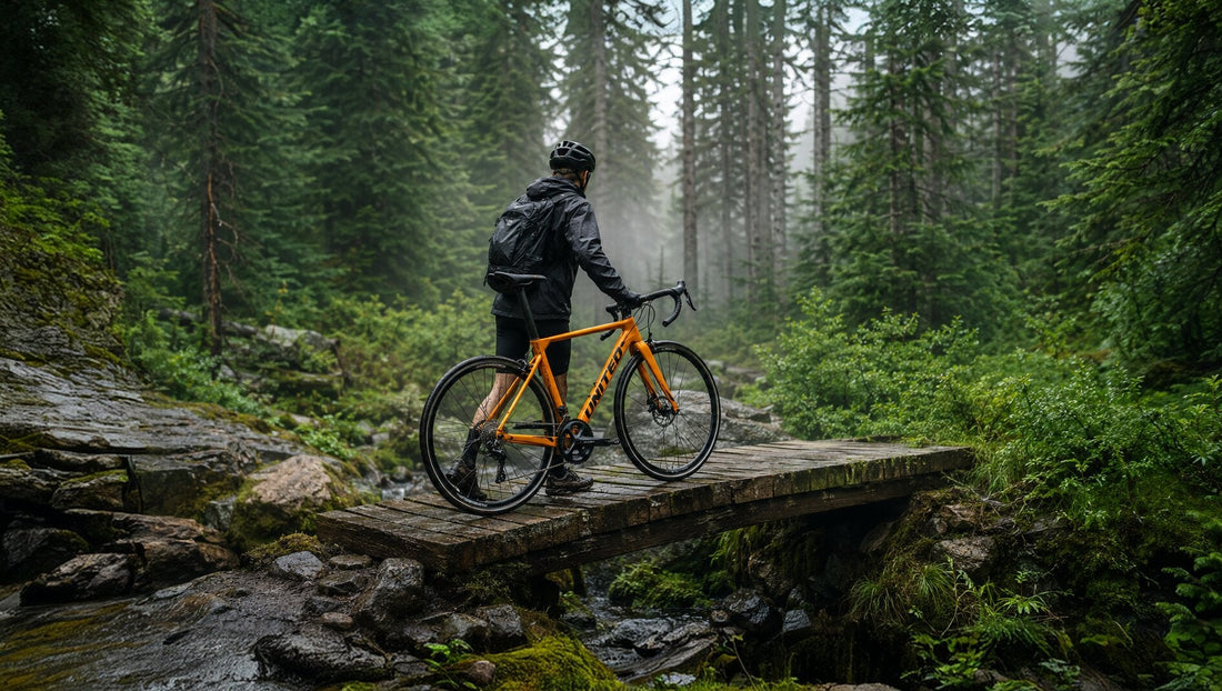 Cyclist crossing a wooden bridge through a misty green forest